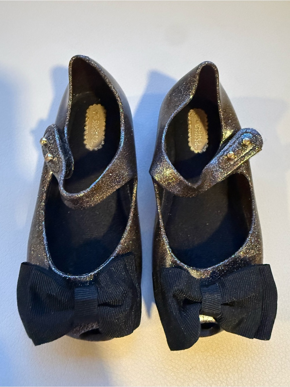 Mini Melissa Girls Glitter Mary Jane Flats with Bow - Black